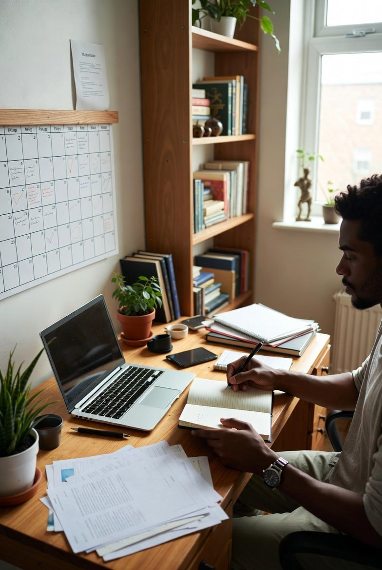 человек, организующий свое рабочее место дома с элементами тайм-менеджмента